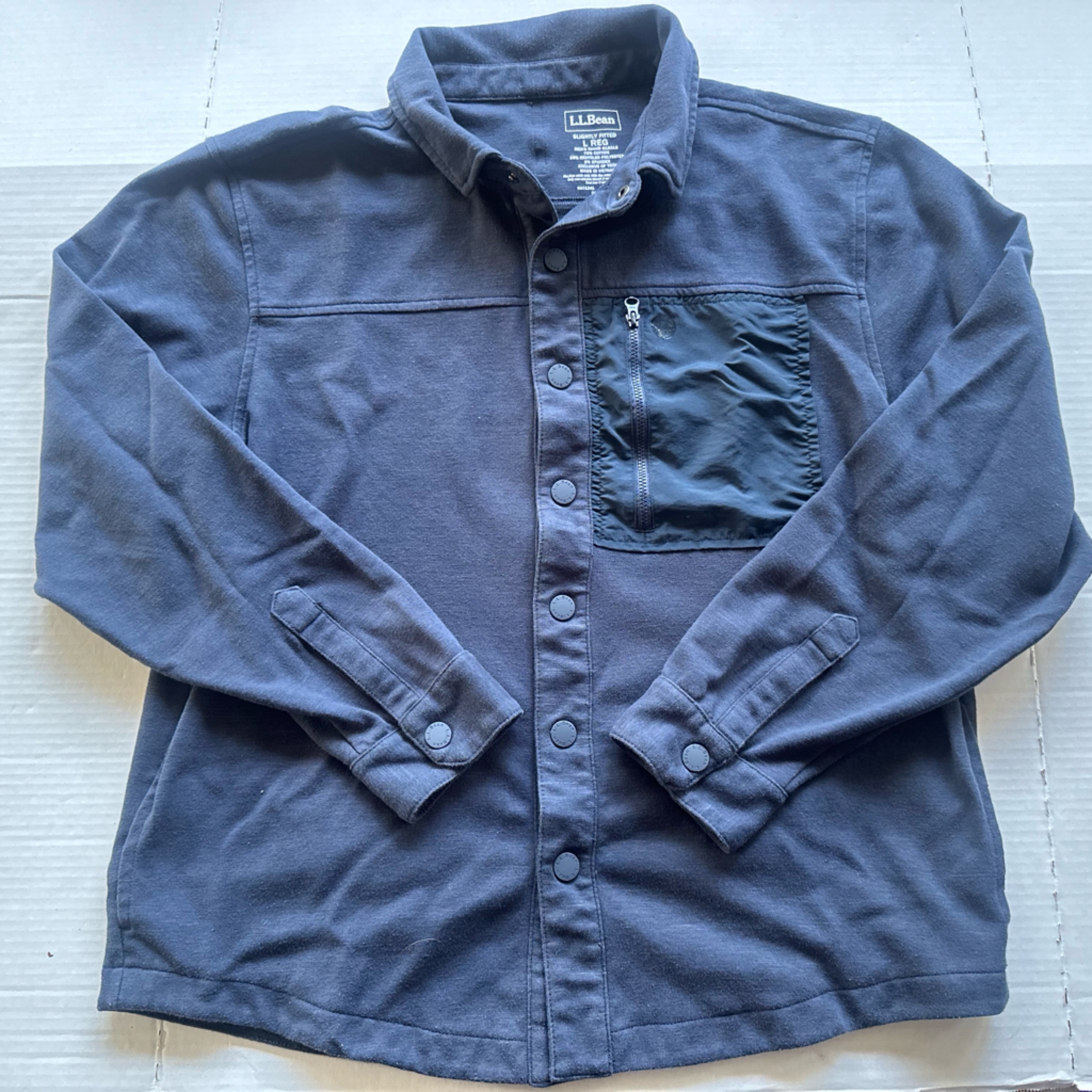 Ll Bean Shirt Jacket Mens L Navy Explorer Snap Front Sweatshirt Pockets Chore